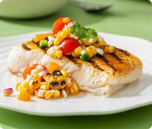 Cajun Fish with Grilled Corn & Peach Salsa