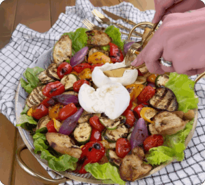 Grilled Veggie Salad with Burrata and Crispy Baguette Crostini