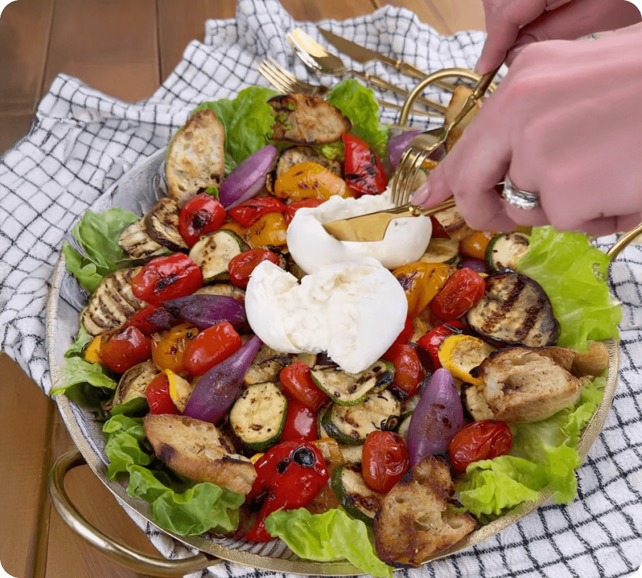 Grilled Veggie Salad with Burrata and Crispy Baguette Crostini